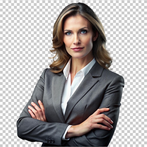 a woman in a suit with her arms crossed