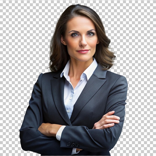 a woman in a suit with her arms crossed