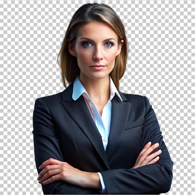 a woman in a suit with her arms crossed