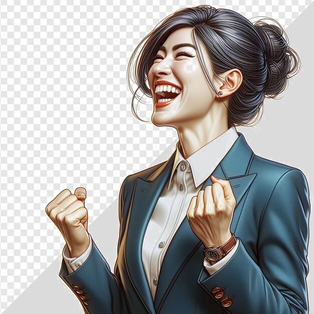 PSD a woman in a suit with her mouth open and the word  she is happy