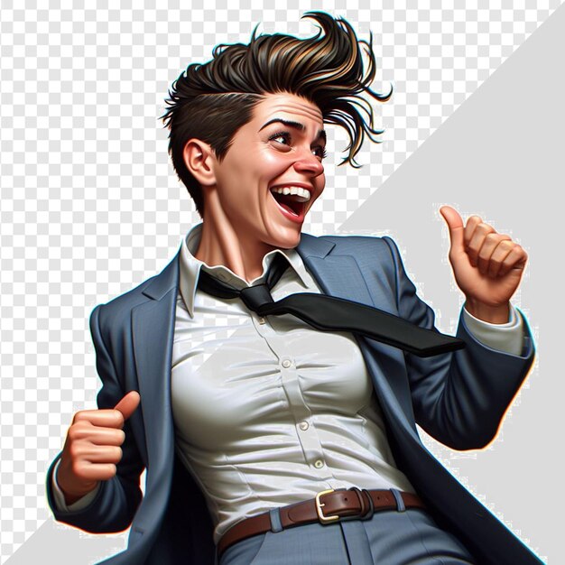 PSD a woman in a suit with a tie that says  shes happy