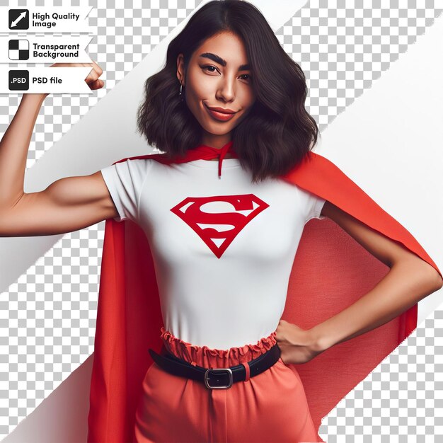 PSD a woman in a superhero costume with a red cape on her chest