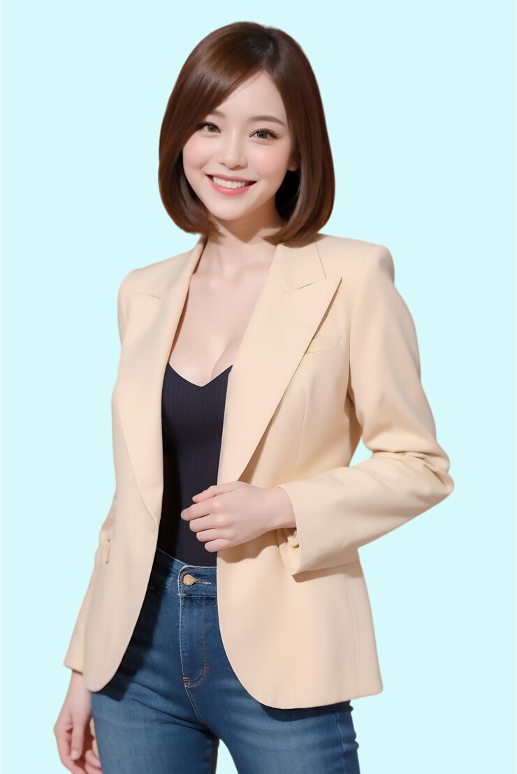 茶色のジャケットと青いジーンズを着た女性が青い背景の前に立っています