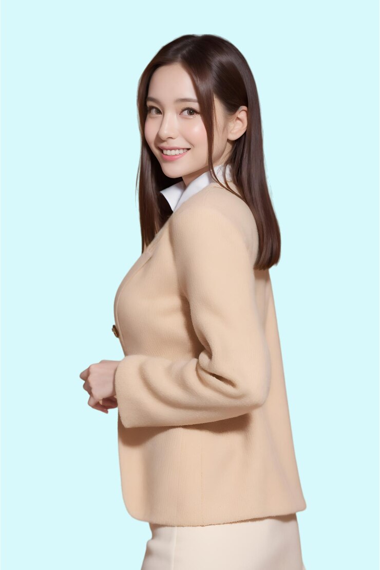 彼女は微笑んでいると書かれたシャツを着た茶色のジャケットを着た女性