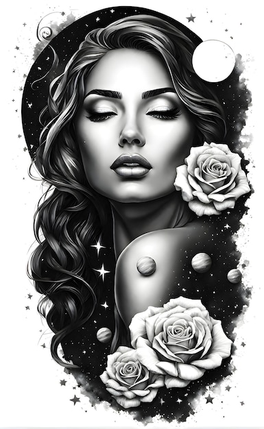 PSD woman tattoo design with roses and stars