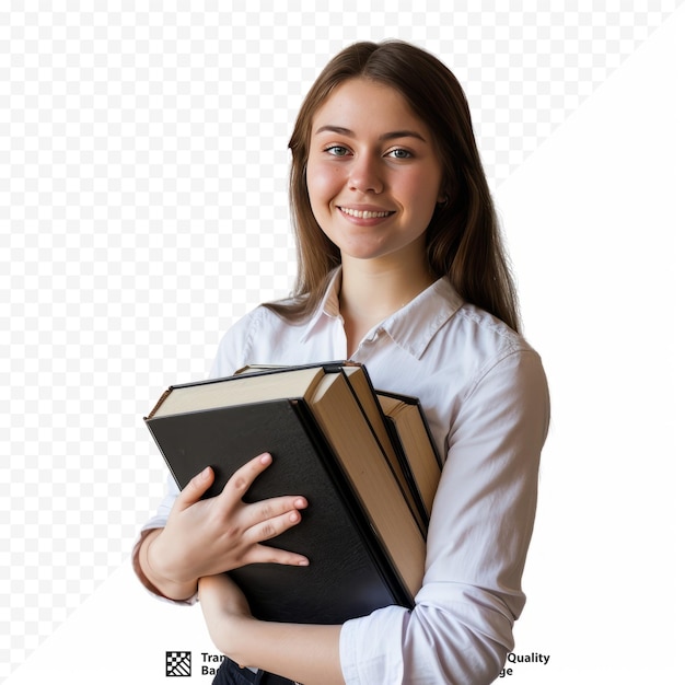 Woman teacher holding books isolated portrait on white girl smile with teeth