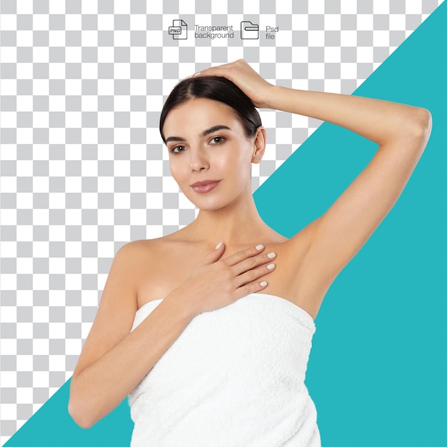 woman in towel with arm raised on transparent background