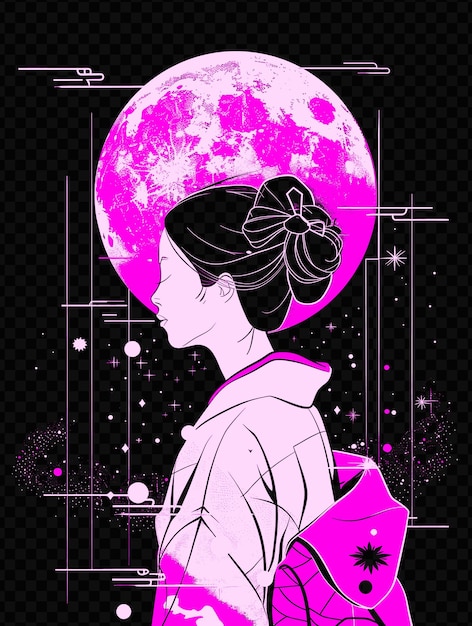 PSD woman in a traditional japanese robe moon and stars in the b psd art design concept poster banner