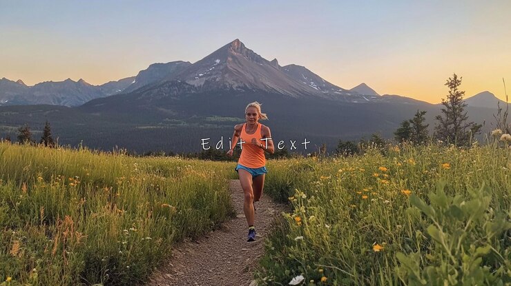 PSD woman trail running at sunset mountain backdrop