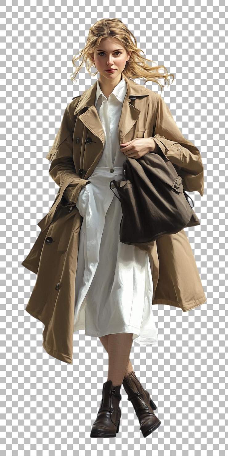 PSD женщина в trenchcoat с коричневым мешком
