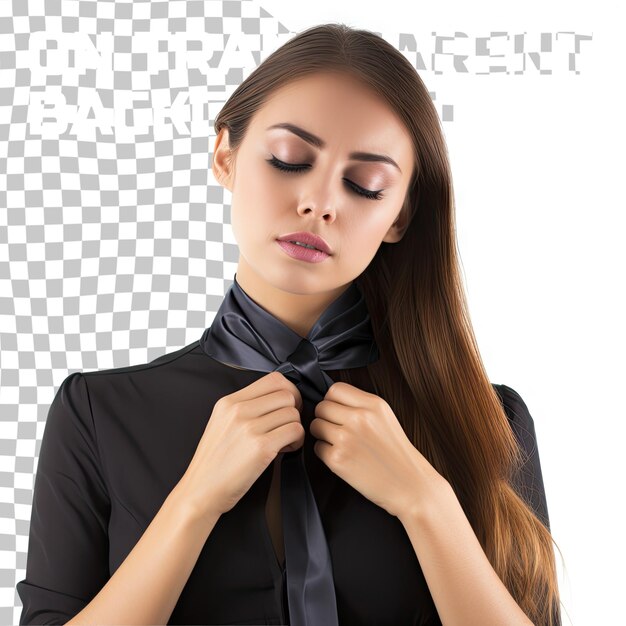 Woman tying necktie isolated on transparent background