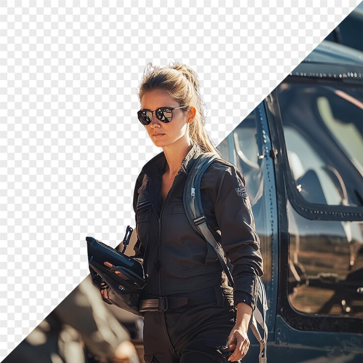 PSD a woman in a uniform stands in front of a helicopter