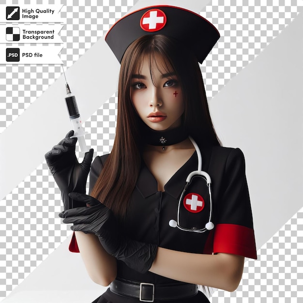 PSD a woman in a uniform with a red cross on her chest