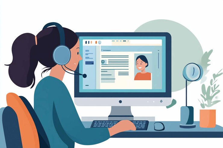 PSD woman using computer with headset for remote customer service