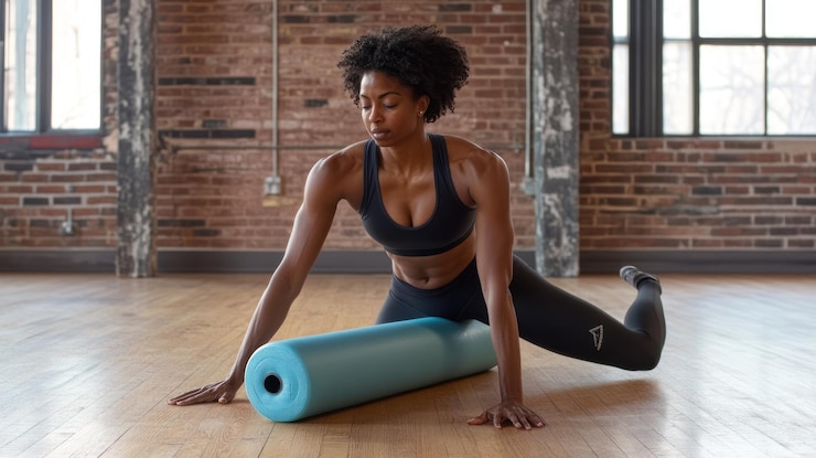 PSD woman using a foam roller for fitness recovery