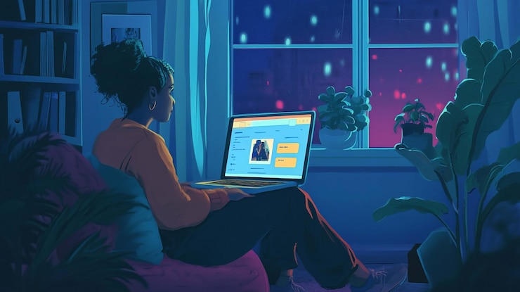 PSD woman using laptop at night by a window cozy home scene