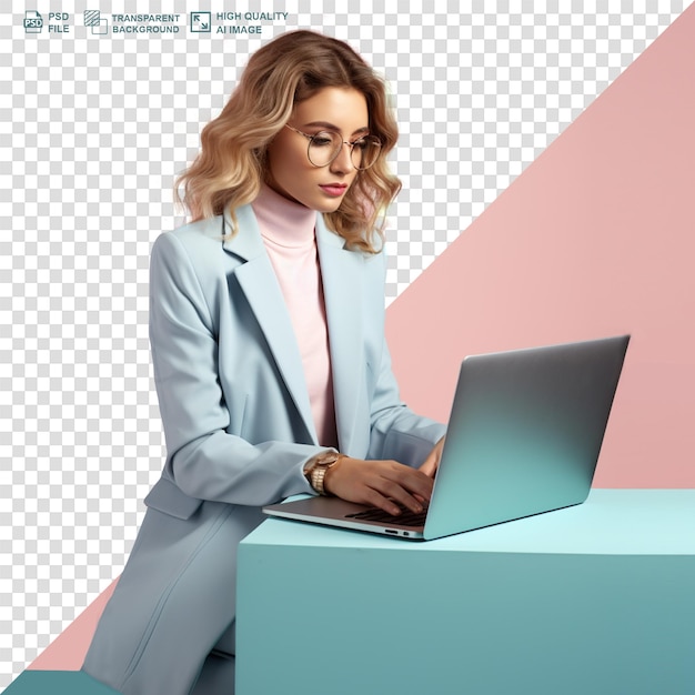 A woman using laptop on transparent background jpg and png