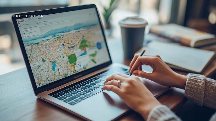 PSD woman using laptop with map on screen working in cafe