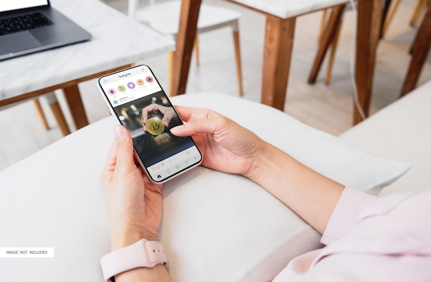 Woman using mobile smartphone with mockup template Technology concept