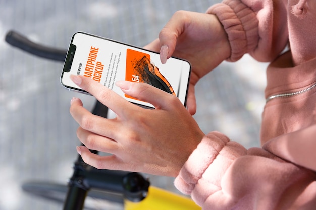 PSD woman using mock-up smartphone outdoors while on bicycle