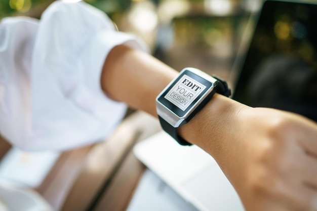 Woman using smart watch mockup