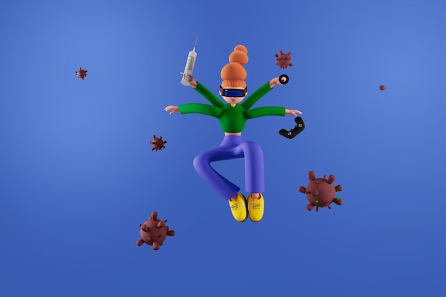 Woman using virtual reality glasses and fighting virus on isolated background 3d illustration Cartoon characters