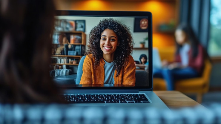 PSD woman video chatting on laptop smiling at friend