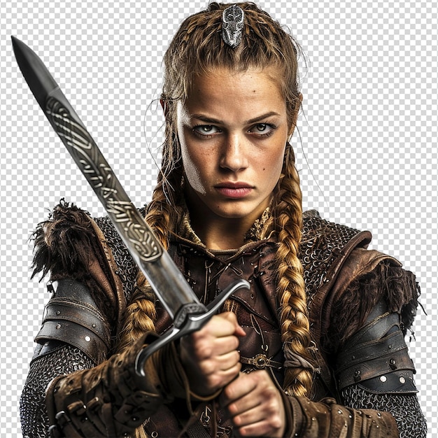 Woman viking portrait with sword on transparent background