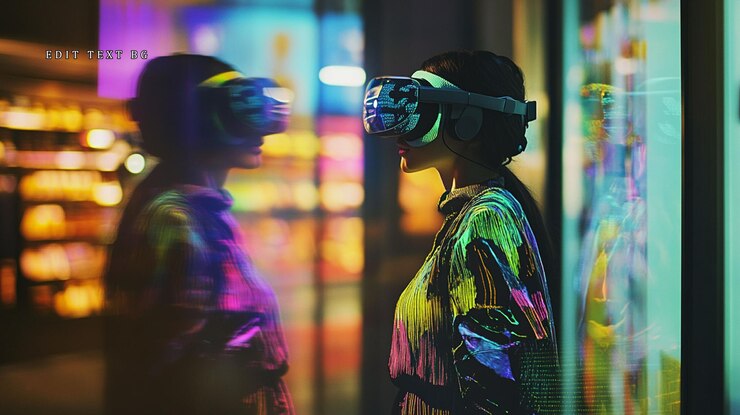 PSD woman in vr headset experiences futuristic city reflection at night