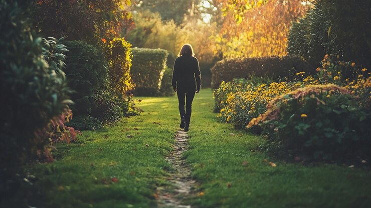PSD woman walking on path in autumn garden backlit by sunlight