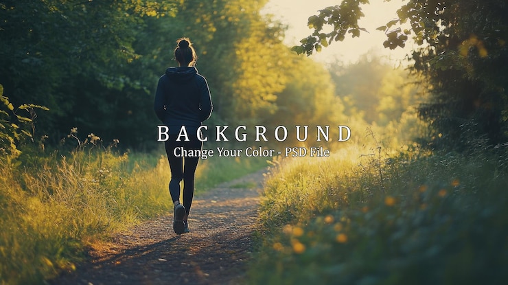 PSD a woman walks on a path in the woods during golden hour