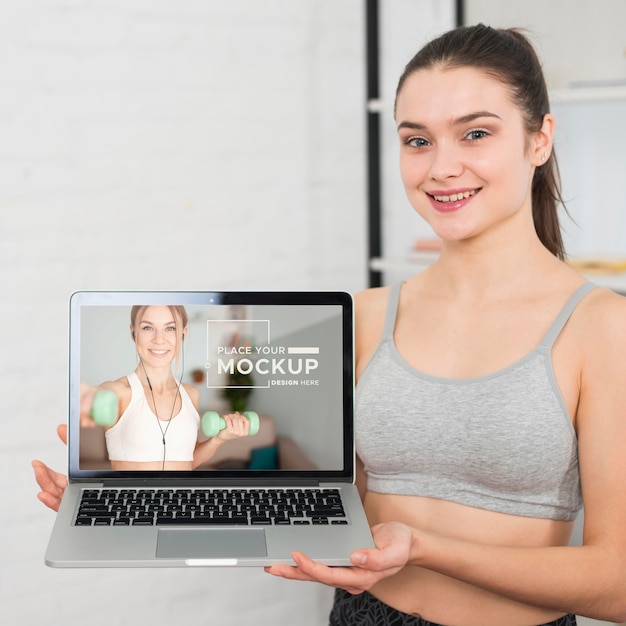 Woman watching fitness exercises mock-up