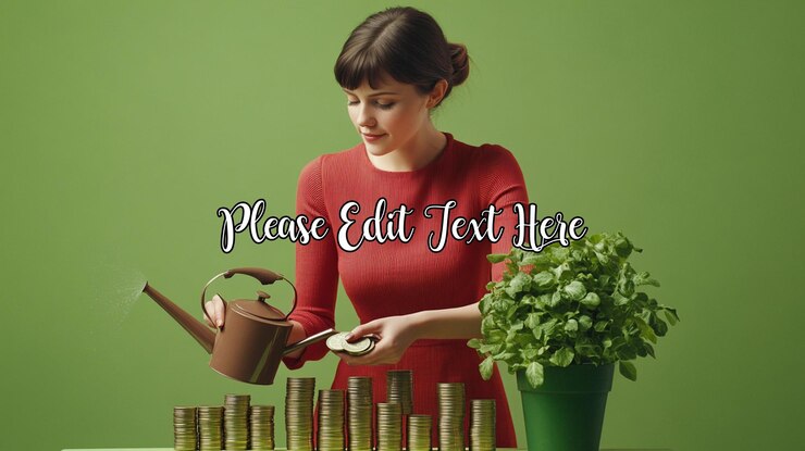 PSD woman watering growing money stacks with coins like plants