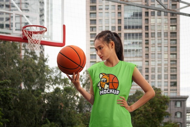 Woman wearing basketball jersey mockup