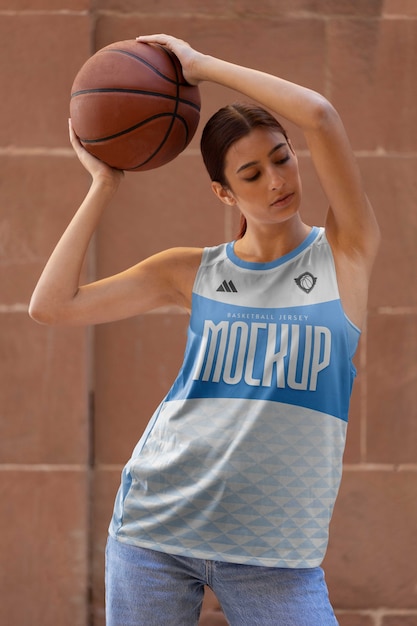 Woman wearing basketball jersey mockup