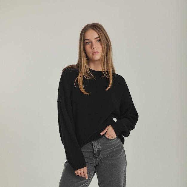 a woman wearing a black sweater stands in front of a white background