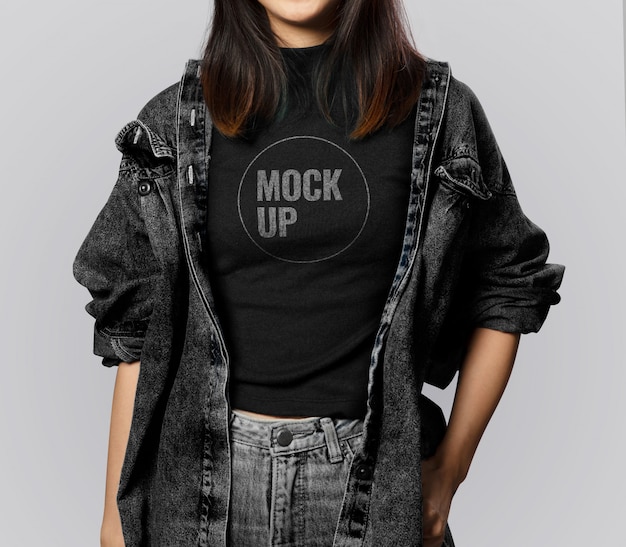 PSD woman wearing black t-shirt and denim jacket