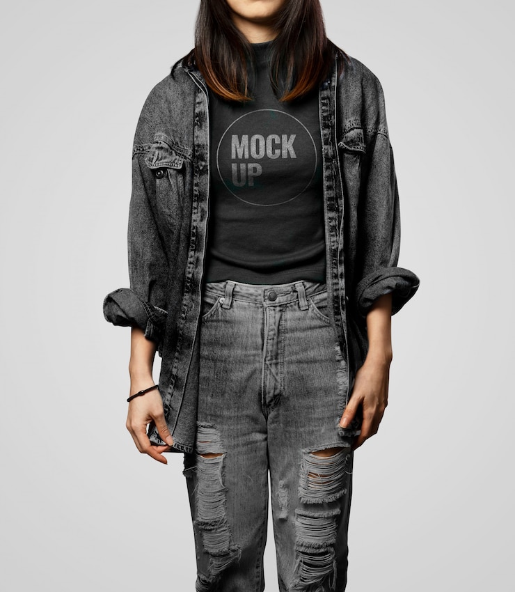 PSD 黒のtシャツとデニムジャケットを着ている女性