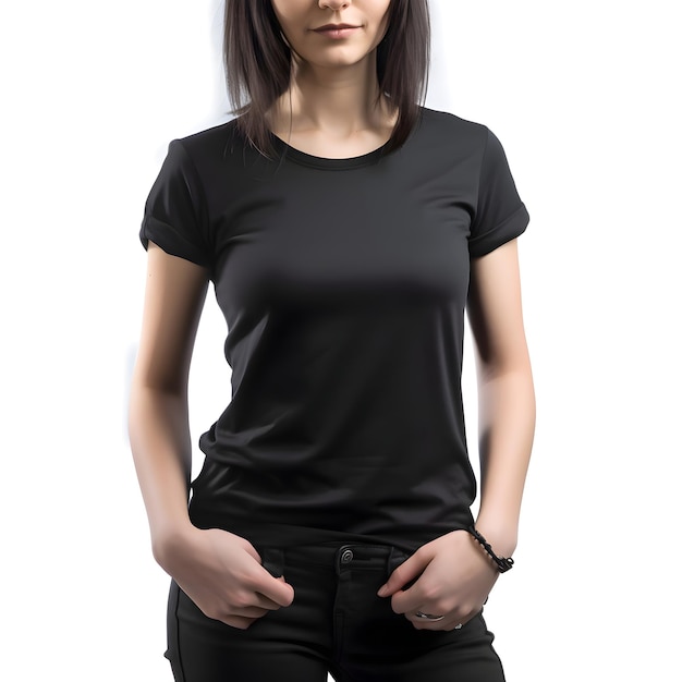 클리핑 경로와 함께 색 배경에 고립 된 빈 검은 티 셔츠를 입은 여성