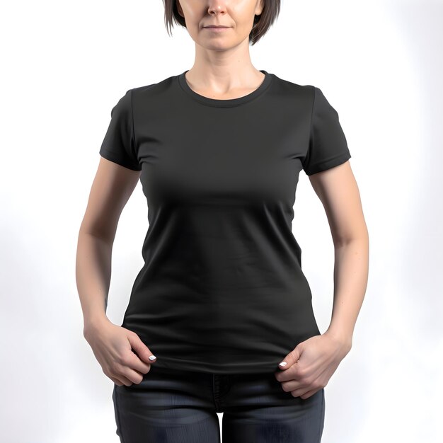 PSD woman wearing blank black t shirt mock up 3d rendering