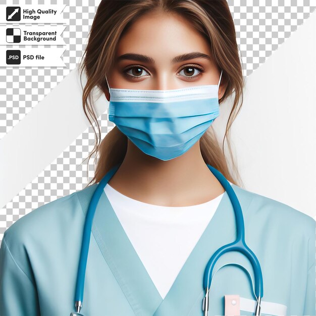 PSD a woman wearing a blue mask with the word medical on it
