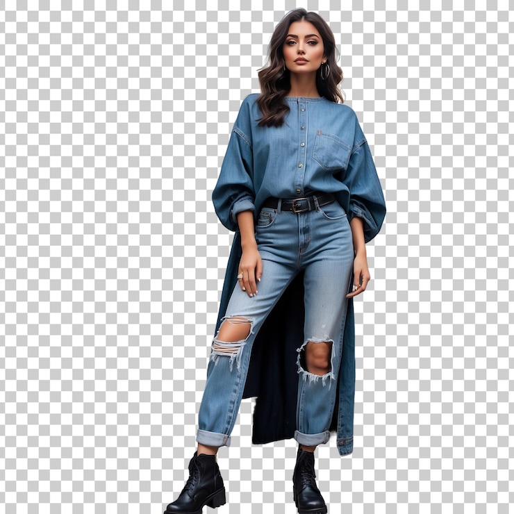 PSD a woman wearing a blue shirt with a black belt and jeans on the front