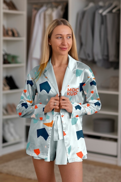 PSD woman wearing comfortable mock-up pajamas