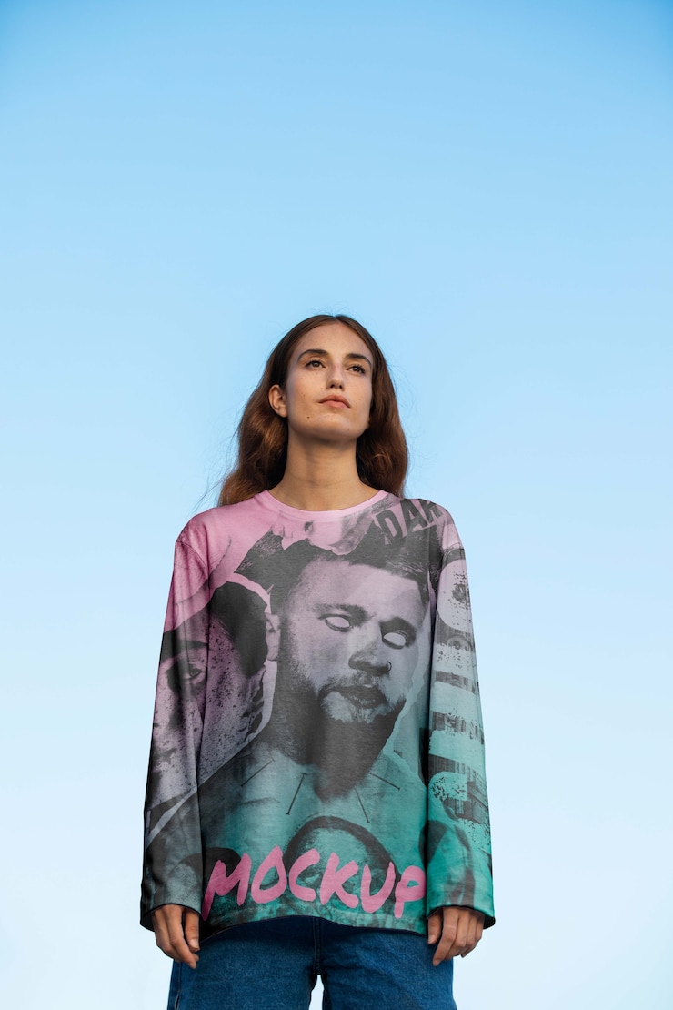 PSD woman wearing cool shirt low angle
