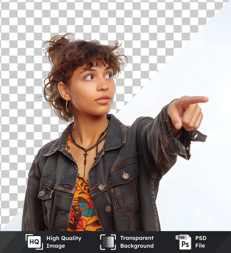 PSD woman wearing denim jacket pointing with transparent background