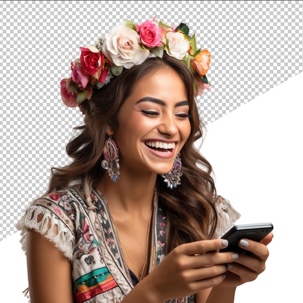 PSD a woman wearing a flowered headband is texting on a phone