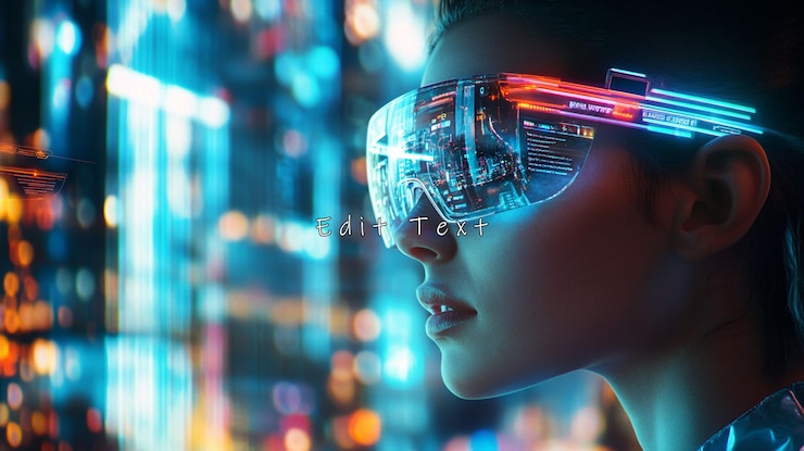 PSD woman wearing futuristic glasses in a cyberpunk city 1