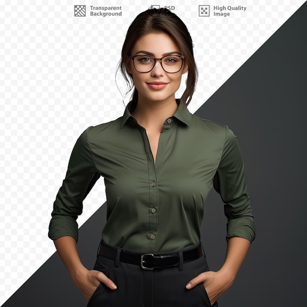 PSD a woman wearing glasses and a green shirt stands in front of a white background with a black belt.