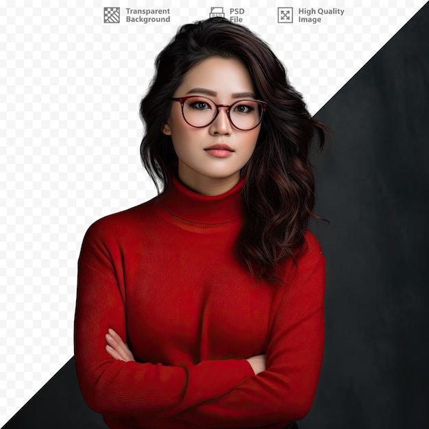 A woman wearing glasses and a red sweater stands in front of a black background.