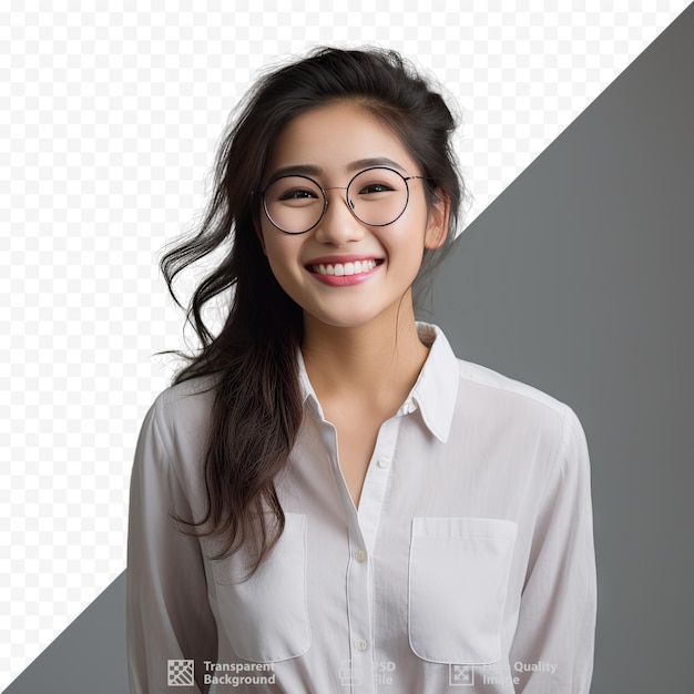 PSD a woman wearing glasses and a shirt with a white shirt that says 